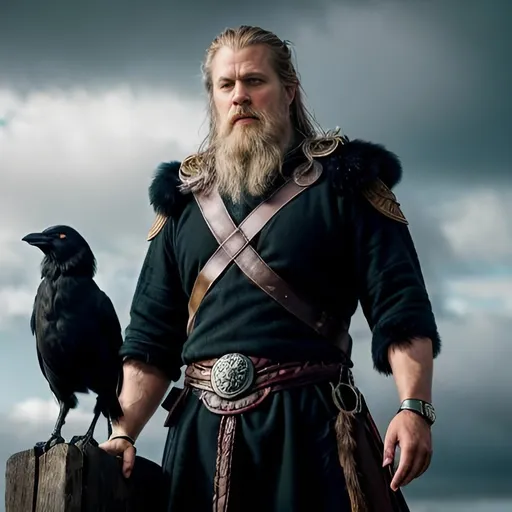 Prompt: Photorealistic depiction of Odin from Norse mythology, one eyed, all-father, viking, forwarsd facing, standing pose with arms outstretched, two crows landing in each hand, realistic textures, detailed facial features, lifelike rendering, historical, mythological, detailed feathers, realistic lighting, photorealism style, Norse mythology, detailed pose, intricate details, high quality, lifelike, historical theme, subdued and natural tones, realistic shadows