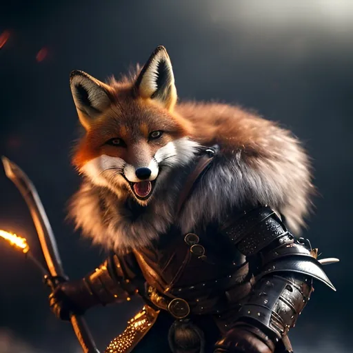 Prompt: Create an image of a warrior fox anthropomorphic, screaming, moving, action burst, leather and iron armor, shaggy fur, foggy, stormy, 70mm, cinematic, highly detailed, minotaur real size, swinging his axe, debris flying, sparkling lights, aura, strong lights, high illumination"