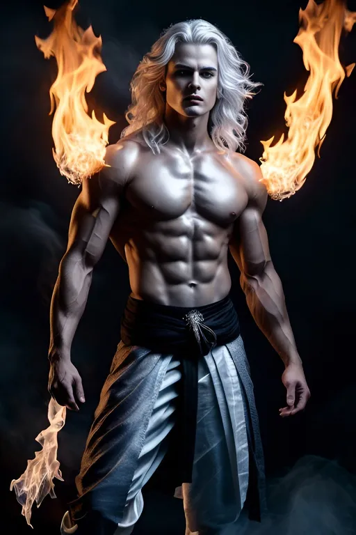 Prompt: Full-body pose of a young man, silvery blue skin, long flowing white hair, muscular, eyes made of flames, flames emitting from body, wearing a black dhoti, fantasy style, detailed flames, muscular physique, ethereal lighting, highres, fantasy, surreal, flames, silvery blue skin, flowing hair, detailed eyes, intense flames, mystical atmosphere