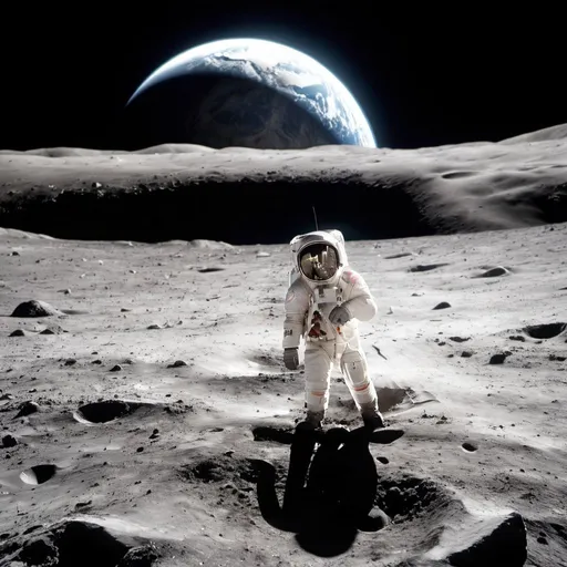 Prompt: A lone astronaut standing on the moon looking out at earth 