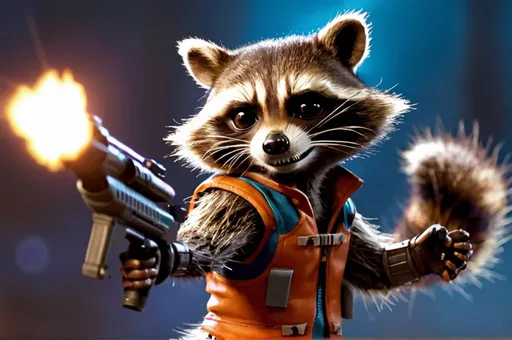 Prompt: Rocket raccoon shooting a weapon