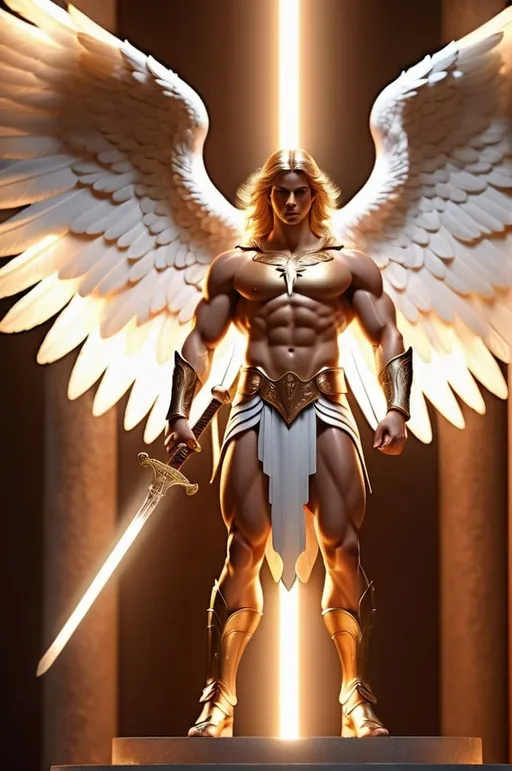 Prompt: Muscular guardian angel holding a sword, bare feet and legs showing, divine aura, ethereal glow, majestic wings, heroic stance, 4k, ultra-detailed, classic, warm tones, dramatic lighting