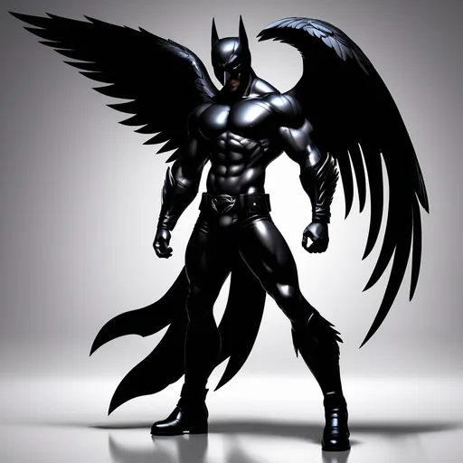 Prompt: Male shadow human, detailed matte black leather skin,upward pointed raven wings, lean muscular build, standing pose