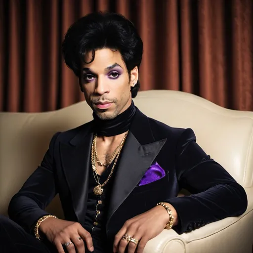 Prompt: Half body, Prince Rogers Nelson, in front of the camera, looking to the lens, he sits on a sofa in las vegas, facial-symmetry, light on the face, Exquisite detail, 8k, 85-mm-lens, sharp-focus, f:8, ISO 100, shutter-speed 1:125, --ar 3:4 --q 2 --s 750