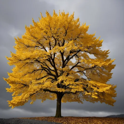 Prompt: A tree with leaves of gold,
Stands out on grey, so bold.