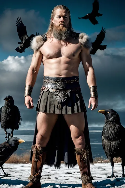 Prompt: Photorealistic depiction of Odin from Norse mythology, the all-father, viking, forward facing, standing pose with arms outstretched, two crows landing in each hand, realistic textures, detailed facial features, lifelike rendering, historical, mythological, detailed feathers, realistic lighting, photorealism style, Norse mythology, detailed pose, intricate details, high quality, lifelike, historical theme, subdued and natural tones, realistic shadows, no wings