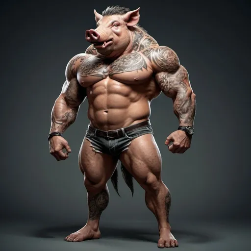 Prompt: An anthropomorphic boar with a muscular man body, tattooed, full-body depiction, standing pose, flexing muscles 