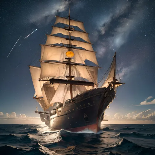 Prompt: Photorealistic illustration of an old-fashioned sailing ship soaring through outer space leaving a wake of rippled time, space and stars, surrounded by stars and distant planets, realistic space scenery, intricate ship details, weathered wood texture, antique sails billowing in the cosmic wind, authentic celestial bodies, high quality, photorealism, space, sailing ship, stars, planets, detailed ship, weathered texture, antique sails, realistic scenery, cosmic, celestial, intricate details