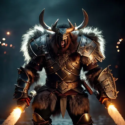 Prompt: Create an image of a warrior bison anthropomorphic, screaming, moving, action burst, leather and iron armor, shaggy fur, foggy, stormy, 70mm, cinematic, highly detailed, minotaur real size, swinging his axe, debris flying, sparkling lights, aura, strong lights, high illumination"