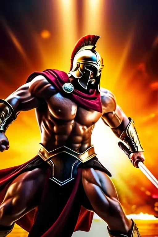 Prompt: Spartan warrior King Leonidas in dynamic action pose, vibrant colors, epic atmosphere, detailed armor, muscular physique, intense gaze, high quality, epic, action, dynamic pose, vivid colors, atmospheric lighting