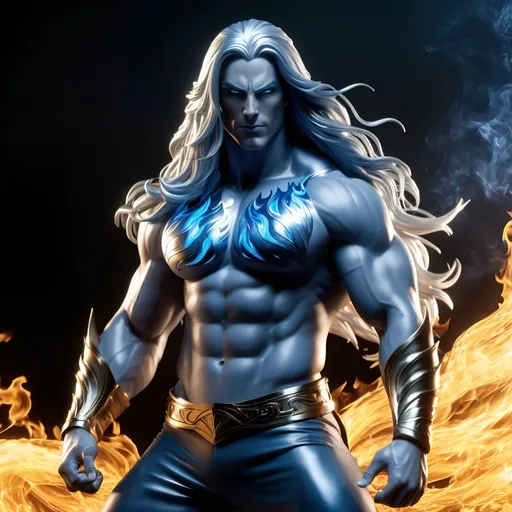 Prompt: A man, full body pose, silvery blue skin, muscular, long flowing hair, eyes made of flames, 
