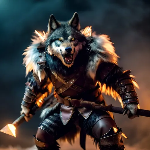 Prompt: Create an image of a warrior wolf anthropomorphic, screaming, moving, action burst, leather and iron armor, shaggy fur, foggy, stormy, 70mm, cinematic, highly detailed, minotaur real size, swinging his axe, debris flying, sparkling lights, aura, strong lights, high illumination"
