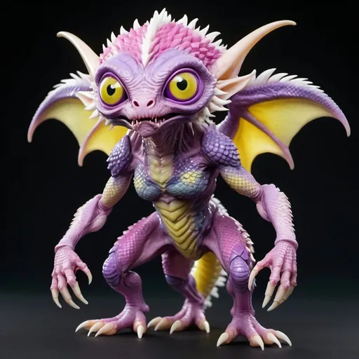 Prompt: A humanoid scaley alien, purple scales, with large yellow eyes, white fur, gray highlights, large bulbus belly, pink ears, two large fangs protruding from bottom lip, extremely long arms and short legs, standing pose, fantasy style setting