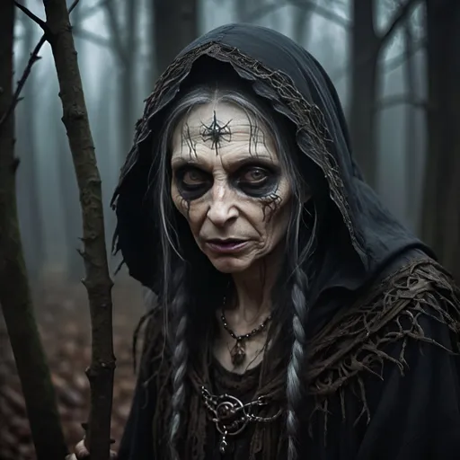 Prompt: The main subect is Baba Yaga of slavic folklore in misc-macabre style, evil atmosphere, dark moody colors, old evil crone, mythical, spooky, eerie, highres, detailed, atmospheric lighting, macabre, Slavic folklore, devil's mother, sinister, creepy, haunting, eerie, ancient, spooky setting, eerie surroundings, detailed facial features, intense and moody, mythical evil, legendary, chilling, ethereal, supernatural