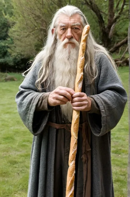 Prompt: Gandolf with a staff made of a long loaf bread