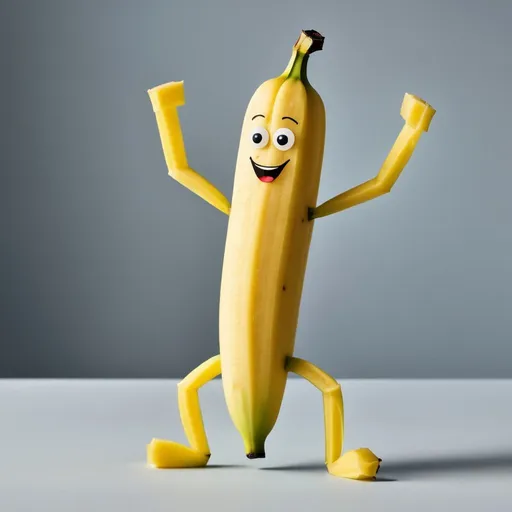 Prompt: A banana with arms and legs, he has the face of a man, he is peeling himself 