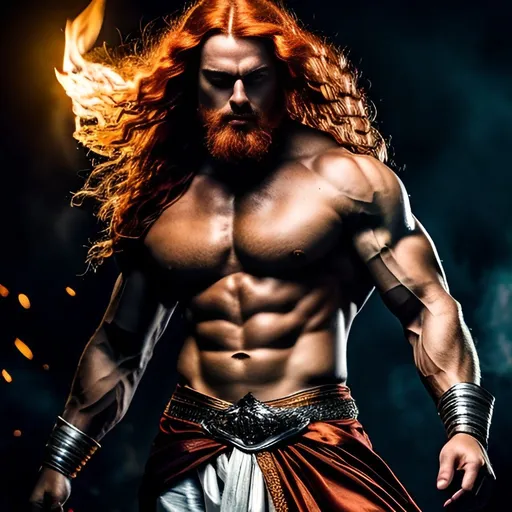 Prompt: Detailed, full-body pose of a muscular man with silvery blue skin, long flowing red hair, fiery orange eyes, emitting fire from body, wearing a dhoti, highres, ultra-detailed, fantasy, mythical, ethereal, silver-blue skin, flowing red hair, fiery eyes, fire emitting, traditional clothing, powerful stance, magical aura, intense lighting