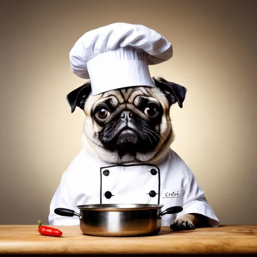 Prompt: An anthropomorphic pug in a chefs hat cooking a cat