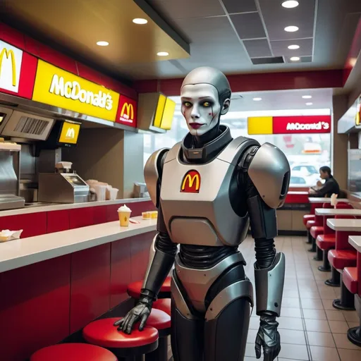 Prompt: The last human employee at a futuristic dystopian McDonald's 