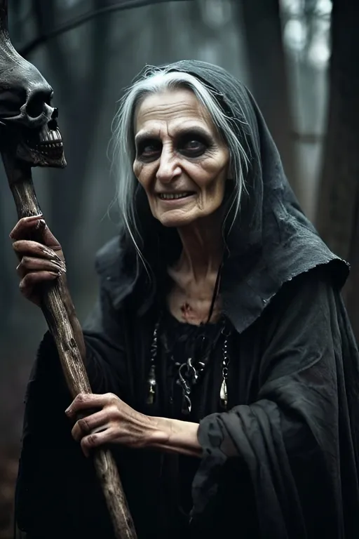 Prompt: Baba Yaga of slavic folklore in misc-macabre style, pure evil atmosphere, dark moody colors, old evil crone, malignant smile, deepset eyes, mythical, spooky, eerie, highres, detailed, atmospheric lighting, macabre, Slavic folklore, devil's mother, sinister, creepy, evil, haunting, eerie, ancient, spooky setting, eerie surroundings, detailed facial features, intense and moody, mythical evil, legendary, chilling, ethereal, supernatural, standing pose, full-body depiction, long fingers gripping a walking stick