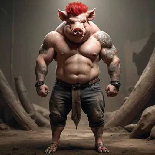 Prompt: An anthropomorphic boar with a mans body, large tusk, red mohawk hair, tattooed, full-body depiction, standing pose, flexing arm muscles, realistic textures, realistic skin, realistic hair, muddy pig sty background 
