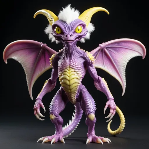 Prompt: A humanoid scaley alien, purple scales, with large yellow eyes, white fur, gray highlights, large bulbus belly, pink ears, two large fangs protruding from bottom lip, extremely long arms and short legs, standing pose, fantasy style setting