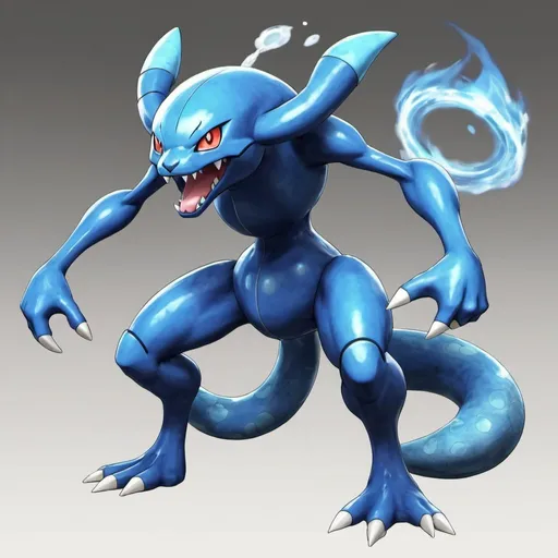 Prompt: A dandan pokemon, blue skin, watee and fire type, 4 arms, 3 legs, healing type pokemon 
