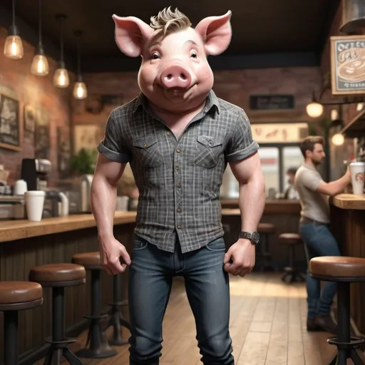 Prompt: An anthropomorphic pig with a lean and toned human man's body, nice styled hair, skinny jeans, patterned short sleeve shirt, black boots,  full-body depiction, dynamic standing pose, realistic textures, realistic skin, realistic hair, hipster vibes, coffee shop setting, ambient light, 