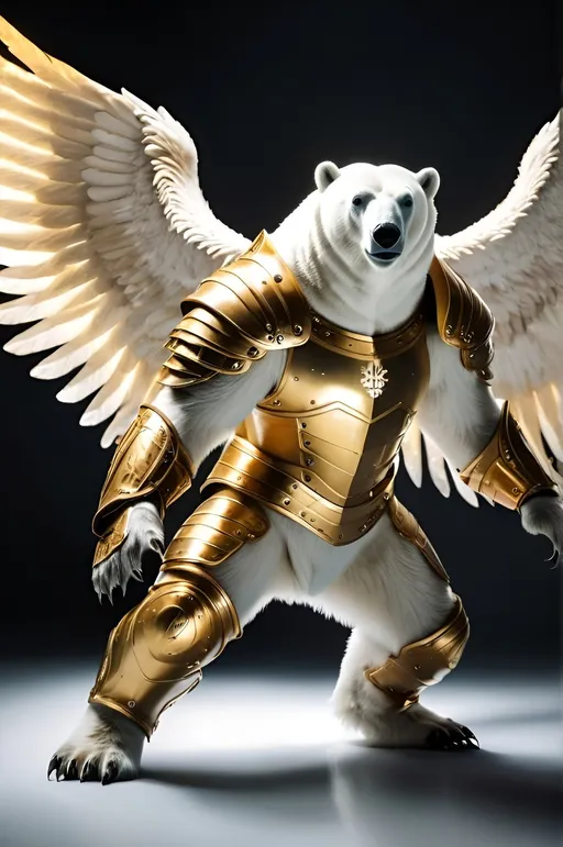 Prompt: A polar bear with large wings, wearing golden armor, action burst pose, dynamic lighting 