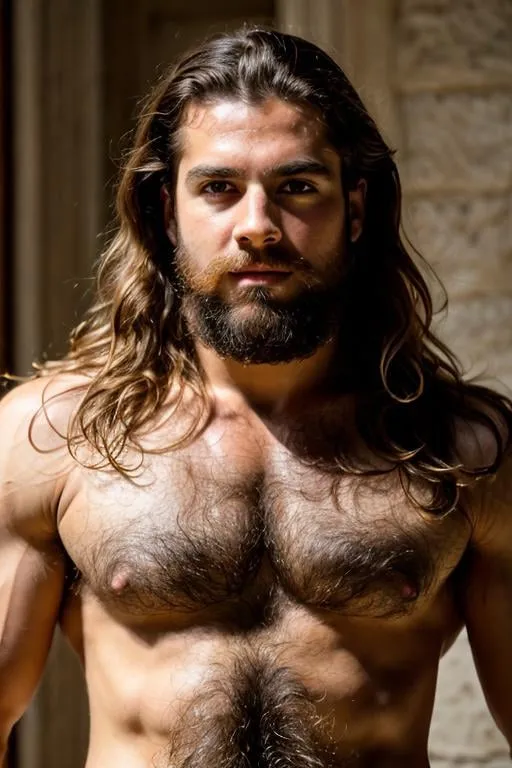 Prompt: Zeus in vintage style, long brown hair, hairy chest, full beard, hyper-masculine body, skimpy white toga, gold embellishments, serene Greek environment, realistic skin texture, realistic hair, greek mythology style, greek classic style, vintage, detailed, classic, Greek god, traditional, realistic lighting, high-quality, full-body depiction 
