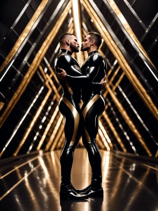 Prompt: <mymodel> Latex, two muscular men in black latex body suits with silver and gold accents, embracing each other, kissing, tight latex showing all body details, realistic textures, digital art, full-body depiction, feet and legs showing, dynamic posing, very dark atmospheric lighting, against black background, photorealistic, gay moment 