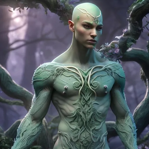 Prompt: Male human with pastel green skin, dynamic full body pose, nature decal on skin, high detail, magical, pastel colors, high fantasy, nature-inspired, detailed floral elements, ethereal glow, surreal, enchanted forest setting, vibrant and dreamy, whimsical, intricate vines and leaves, enchanted, pastel ambiance, mystical lighting, premium quality, highres, ultra-detailed, high fantasy, magical realism