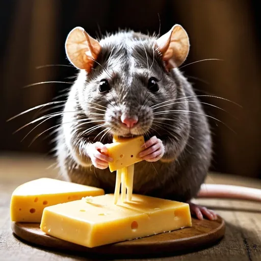 Prompt: A rat eating cheese with chopsticks