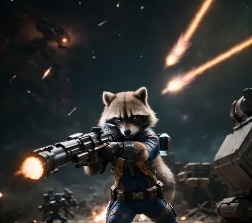 Prompt: Rocket raccoon shooting a weapon, action burst,  epic space battle scenery