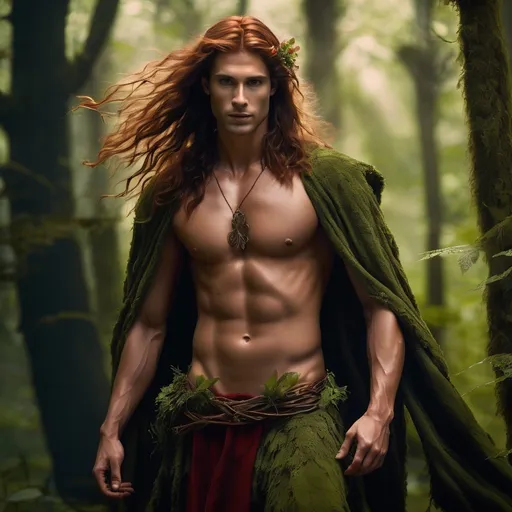 Prompt: Male wood nymph of the forest, green-tinted wood textured skin, barely clothed, brown loincloth, vine-covered body, muddy, full body pose, long messy red hair, dense forest, high quality, fantasy, natural tones, earthy colors, detailed foliage, mystical lighting