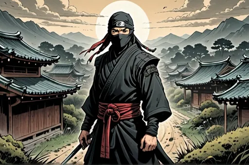 Prompt: A ninja, landfields, detailed, dark colors, dramatic, graphic novel illustration,  2d shaded retro comic book