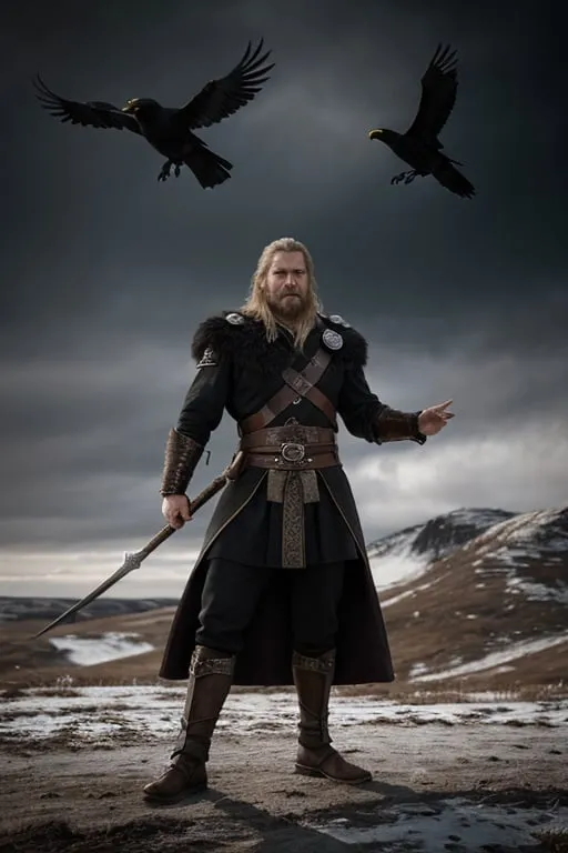 Prompt: Photorealistic depiction of Odin from Norse mythology, the all-father, viking, forward facing, standing pose with arms outstretched, two crows landing in each hand, realistic textures, detailed facial features, lifelike rendering, detailed facial features, historical, mythological, detailed feathers, realistic lighting, photorealism style, Norse mythology, detailed pose, intricate details, high quality, lifelike, historical theme, subdued and natural tones, realistic shadows, no wings
