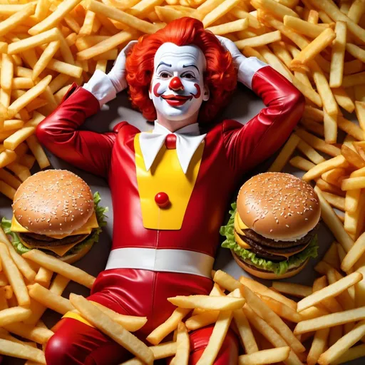 Prompt: Fantasy photorealism of Ronald Mcdonald, a male clown, lying amongst a pile of french fries and cheeseburgers, full body view, lifelike flesh tones, high quality, detailed lighting, lifelike, realistic, detailed artistic style, detailed background, detailed facial features, fantasy, realist, detailed