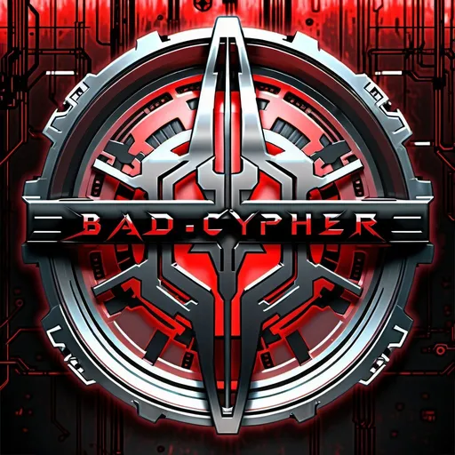 Prompt: Matrix font banner 'Bad Cypher', steel theme, red and black lettering, metallic textures, cyberpunk style, high quality, futuristic, steel textures, sleek design, industrial, high-contrast lighting, dystopian vibes, rectangular frame