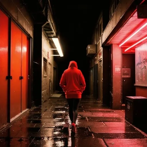 Prompt: A back alley arcade at night with red neon lights. A young woman in a red hoodie is approaching a large muscular man standing at the entrance. The ground is wet from rain