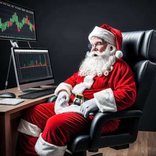 Prompt: Santa clause sitting down on a chair next to a computer with a positive gain chart from a stock market