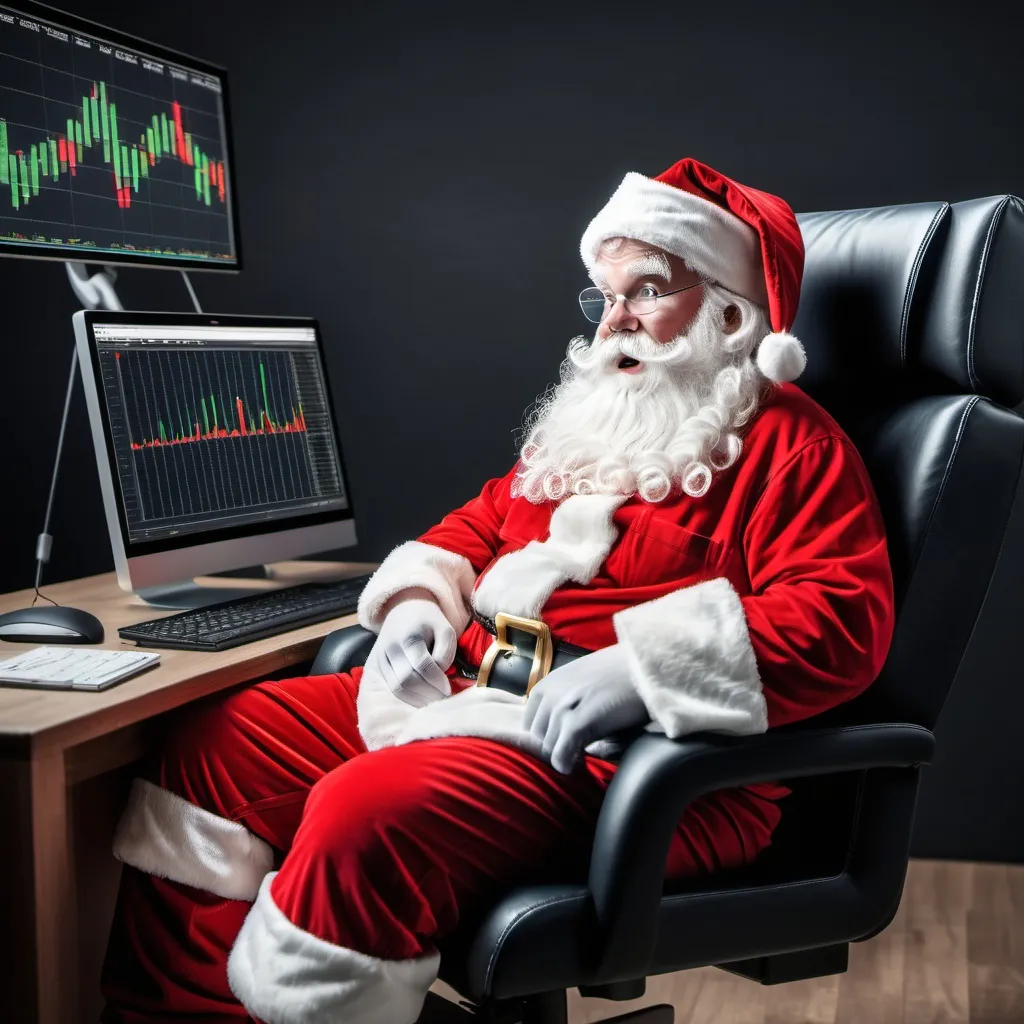 Prompt: Santa clause sitting down on a chair next to a computer with a positive gain chart from a stock market