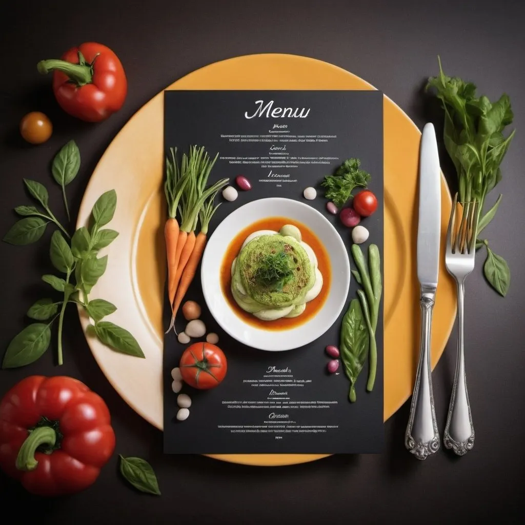 Prompt: Un menu de restaurant chic photoréaliste avec autour des éléments autour des légumes