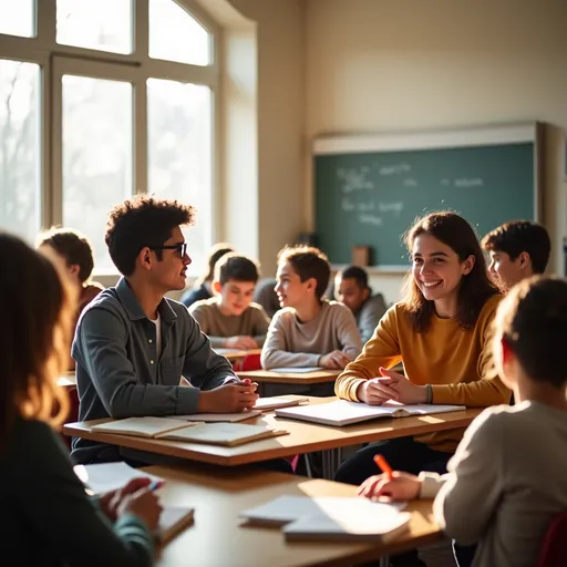 Prompt: diverse classroom high school with teacher
, (soft muted colors), (calm ambiance), students of varying backgrounds engaged in learning, desks and books scattered around, warm natural light filtering through large windows, serene atmosphere, gentle expressions, collaborative environment, high quality, ultra-detailed, bringing a sense of inclusion and harmony in education.