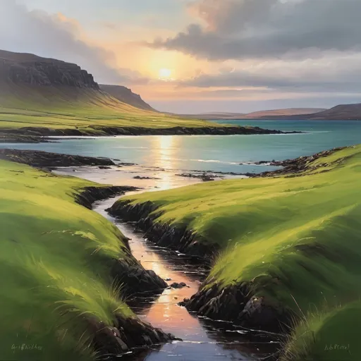 Prompt: A beautiful oil painting of the shoreline at sunset in green spring of northern Scotland 