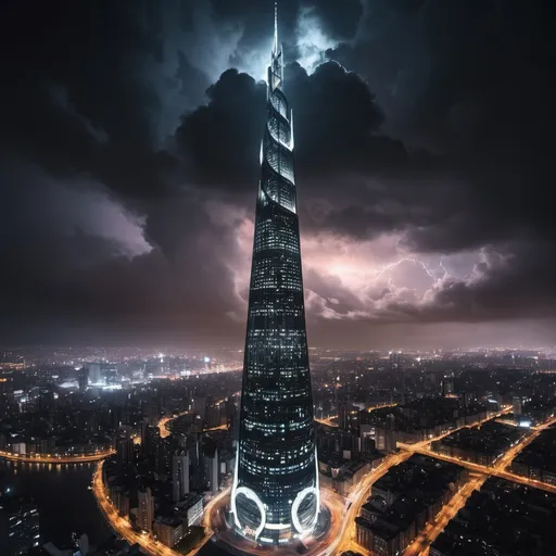 Prompt: A large tower around 300 ft id diameter in the middle of a huge city at night with the glow of city lights as the tower stretches upwards through dark clouds