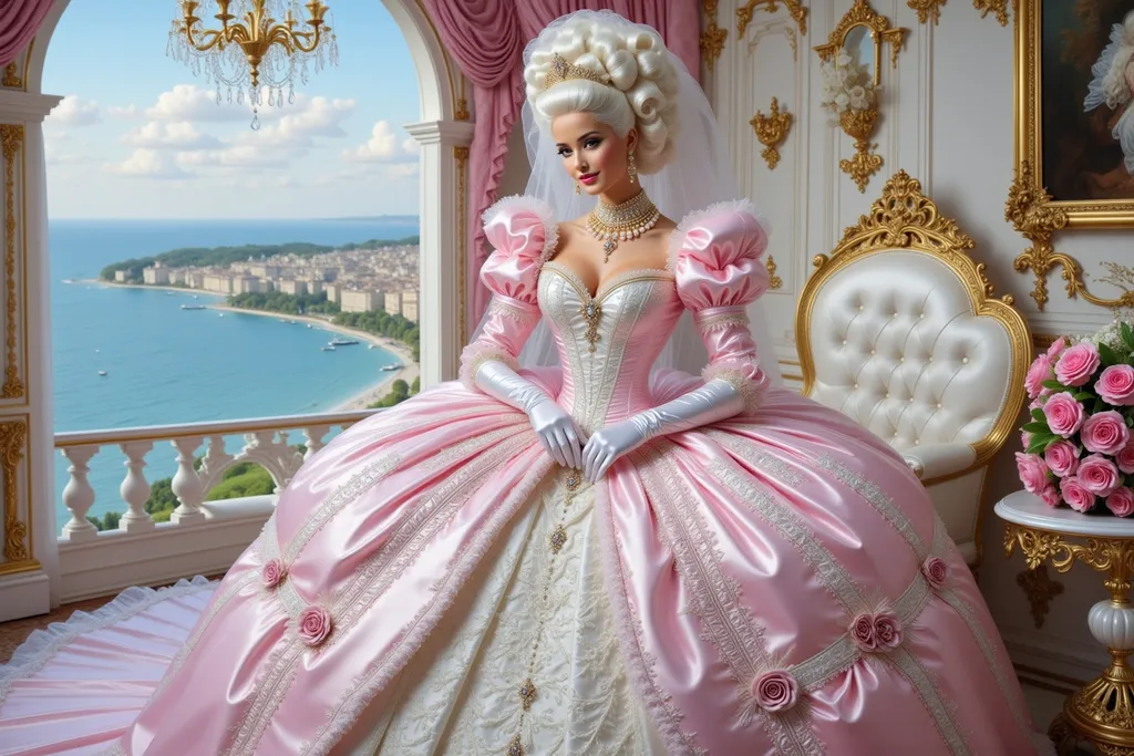 Prompt: smiling <mymodel>  Beautiful  schoolgirl boy in gigantic white wig and opulent fashion gown with intricate fractal pattern, squeezes emotionally her twin sister twin sister on Versailles bedroom by the sea, Rubens, Van Eyck, Beardsley, intense white shiny beige, hot pink and lavender black  foam, mirror, crinoline,  tulle and lace, blooming  meadow,  flowers and plumes, floral gown, crochet gown adorned in the exquisite fashion of 1750's French royalty. With eyes akin to polished chestnuts, she exudes an enchanting allure reminiscent of the grandeur of Versailles. Gigantic sleeves. 