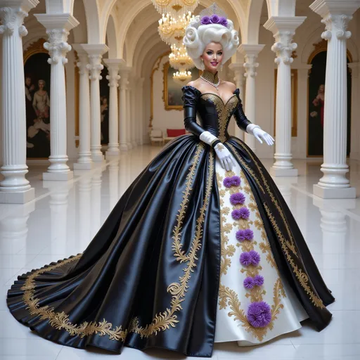 Prompt: smiling <mymodel> photo beautiful rococo actress pinup lady in love holding a dress on Titanic ocean liner with a mountain view. She wears a luxurious baroque gown with with extremely wide crinoline. Intricate embroidery and upholstery in warm tones — pearly white soft pastel colors — but made from a contemporary, shiny patent leather fabric with purple and and violet  flowers. Bouffant huge vinyl frilled sleeves, vinyl catsuit, gigantic organza ruffles, gigantic tulle ruffles, patent leather Gloves. Spiral and straight geometric gown, colossal gems, inflatable gloves, A closeup a smiling Marie Antoinette empress, white hair, full lips and gigantic pompadour wig, holding a fur coat on the vast rococo estate fountain. She wears a shiny aluminum rococo floral pearly patent leather floral gown with long sleeves and vinyl elbow length gloves. Panniers or side hoops supporting the patent leather wide hoop skirt, creating the distinctive silhouette of the era. Massive necklace with crimson gems and crystals. Immense inflatable patent leather sleeves. Immense vinyl crinoline. Delicate perfect hands with shiny patent leathers gloves and bracelets. Multiple flowers in the hair. White hair and complicated colossal white baroque wig with ribbon bows, brooches, pearls. White floor. hot blown air.