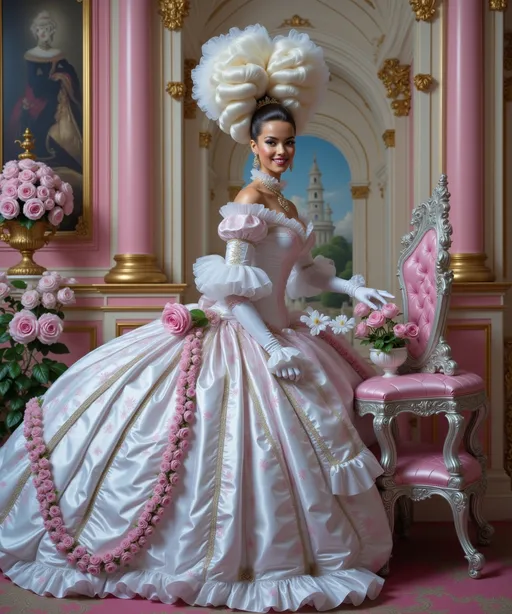Prompt: Bathed in soft, natural light, an elegantly attired rococo princess glides gracefully in an opulent setting, her pastel pink gown adorned with intricate floral patterns and lace accents, complemented by vibrant blue ribbons and a lavish hairstyle decorated with flowers. She gazes directly at the viewer with an inviting expression, while her delicate hand holds a small purse, suggesting a moment of leisure. 
Her dress in a gorgeous chocolate, maroon and purple striped dress decorated with intricate floral patterns and gold trim, and her voluminous, curled hairdo with a gigantic white wig accentuate her regal look. The rich details of her attire, complemented by elegant white gloves and extravagant jewelry, evoke the fashions of a bygone era. The gigantic sleeves and enormous crinoline create a stunning sense of opulence. Soft lighting and a rich color palette enhance the overall feeling of grandeur and invite viewers into a captivating world of historical elegance.
In the background, a serene landscape can be glimpsed through tall columns, enhancing the composition’s depth and elegance.  The overall atmosphere exudes a sense of refined beauty and calm, characteristic of a bygone era.