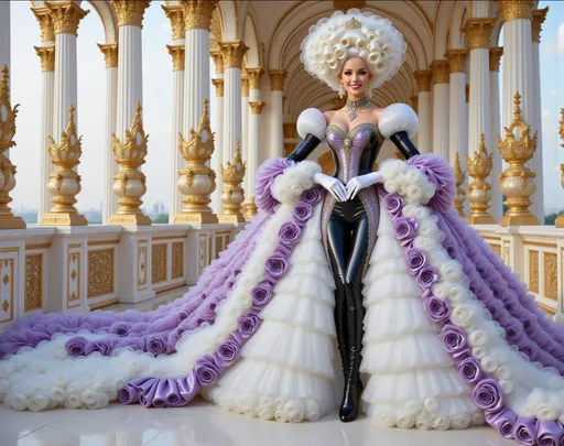 Prompt: smiling <mymodel> photo beautiful rococo actress pinup lady in love holding a dress on Titanic ocean liner with a mountain view. She wears a luxurious baroque lavender gown with with extremely wide crinoline. Intricate embroidery and upholstery in warm tones — pearly white soft pastel colors — but made from a contemporary, shiny patent leather fabric with purple and and violet  flowers. Bouffant huge vinyl frilled sleeves, vinyl catsuit, gigantic organza ruffles, gigantic tulle ruffles, patent leather Gloves. Spiral and straight geometric gown, colossal gems, inflatable gloves, A closeup a smiling Marie Antoinette empress, white hair, full lips and gigantic pompadour wig, holding a fur coat on the vast rococo estate fountain. She wears a shiny aluminum rococo floral pearly patent leather floral gown with long sleeves and vinyl elbow length gloves. Panniers or side hoops supporting the patent leather wide hoop skirt, creating the distinctive silhouette of the era. Massive necklace with crimson gems and crystals. Immense inflatable patent leather sleeves. Immense vinyl crinoline. Delicate perfect hands with shiny patent leathers gloves and bracelets. Multiple flowers in the hair. White hair and complicated colossal white baroque wig with ribbon bows, brooches, pearls. White floor. hot blown air.